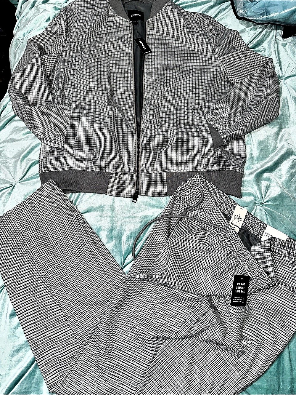 EXPRESS Houndstooth Bomber Jacket Set in Gray & Black